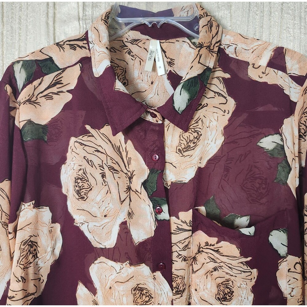 Sheer Burgundy Pink Rose Print Shirt Dress Roll Tab Long Sleeve Plus Size 1X - Picture 4 of 7
